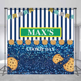 Aperturee Aperturee Custom Cookie Day Birthday Party Backdrop Blue and White Stripes with Bunting Fun Monster Themed Photo Prop Decor